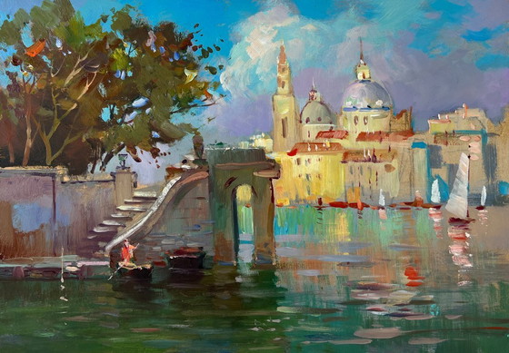 Image 1 of Original Oil Painting Summer City Landscape Bells over the river