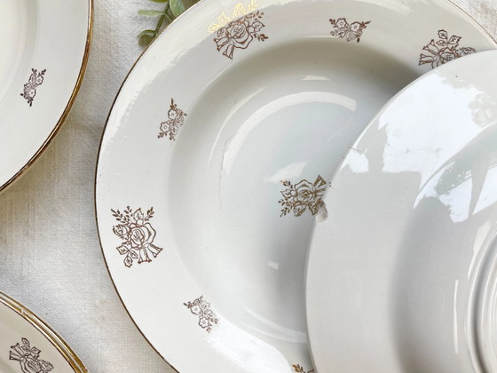 6 Vintage Digoin & Sarreguemines France 1950 Porseleinen Diepe Borden met Kleine Gouden Bloemen – Servies (photo 14 of 14)