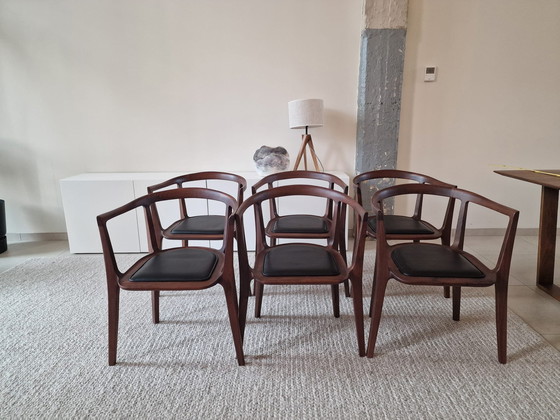 Image 1 of Walnut Chairs With Leather Seat, 6X