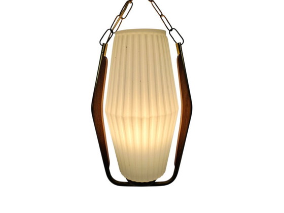 Image 1 of Design scandinavo - Vintage - teak - ottone - vetro smerigliato - lampada a sospensione - anni '60
