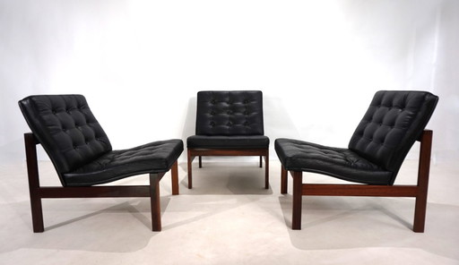 France & Son Set of 3 Modular Leather Armchairs by O. Gjerløv-Knudsen/T. Lind, 1960