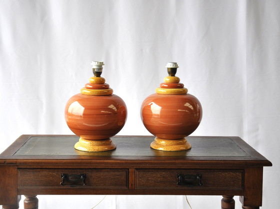 Image 1 of Orangefarbene französische Tischlampen aus Keramik von Kostka