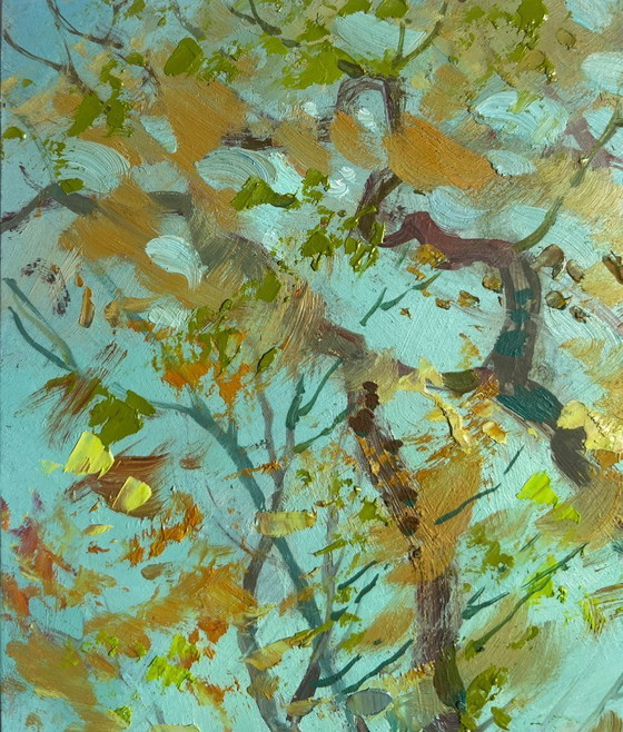 Image 1 of Peinture à l'huile originale représentant un paysage côtier d'automne par temps venteux au bord de la rivière
