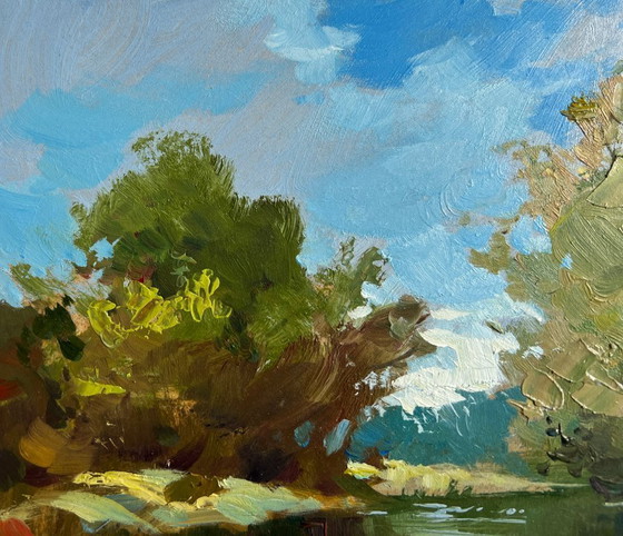 Image 1 of Original Oil Painting Summer River Landscape Boat in green reflections