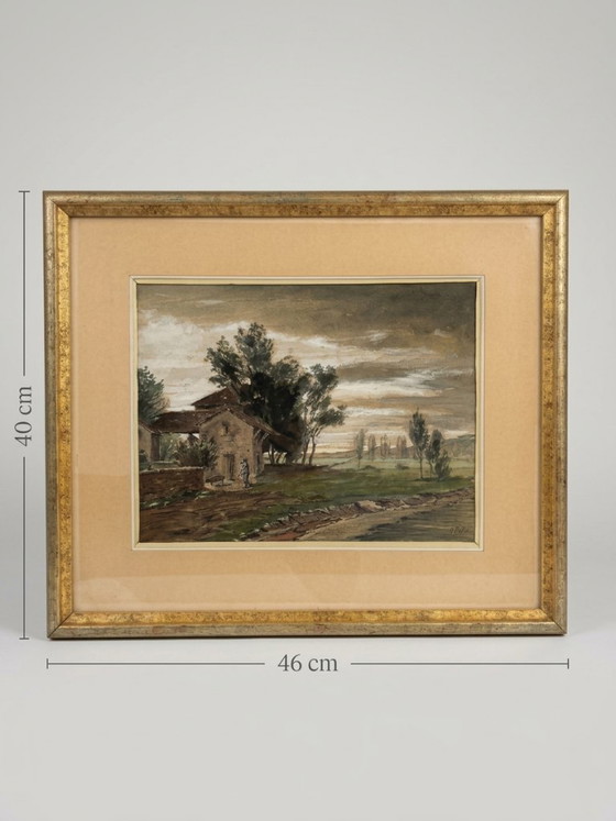 Octave Bellet – Scena Rurale con Cacciatore – Paesaggio, Inizio XX Secolo – Decorazioni murali, Glass (photo 12 of 12)