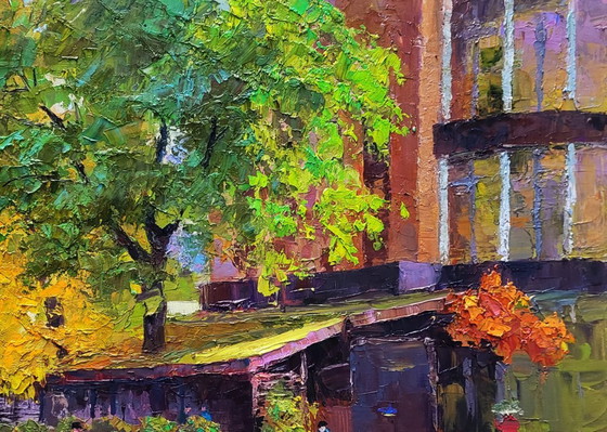 Image 1 of Original Oil Painting City Urban Life Cafe Wine and Friend