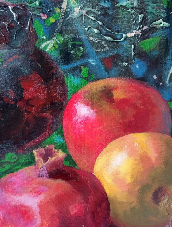 Original Oil Painting Abstract Fruits Banana Pomegranate Still Life – Paintings & Drawings, Canvas (photo 6 of 11)