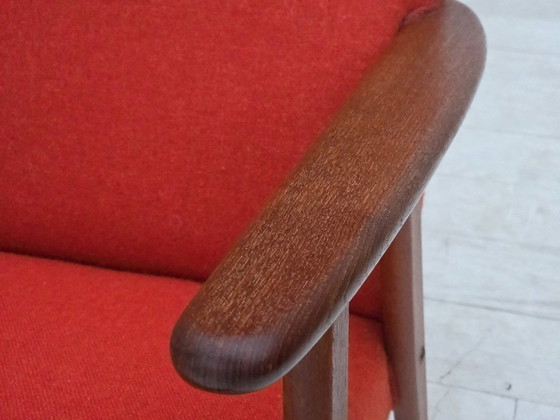 Image 1 of Anni '70, poltrona danese con schienale alto, mobili in lana arancione, legno di teak, legno di quercia.