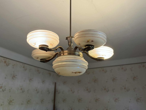 Art Deco Brass and Glass 5-Arm Chandelier, Central Europe, 1940s