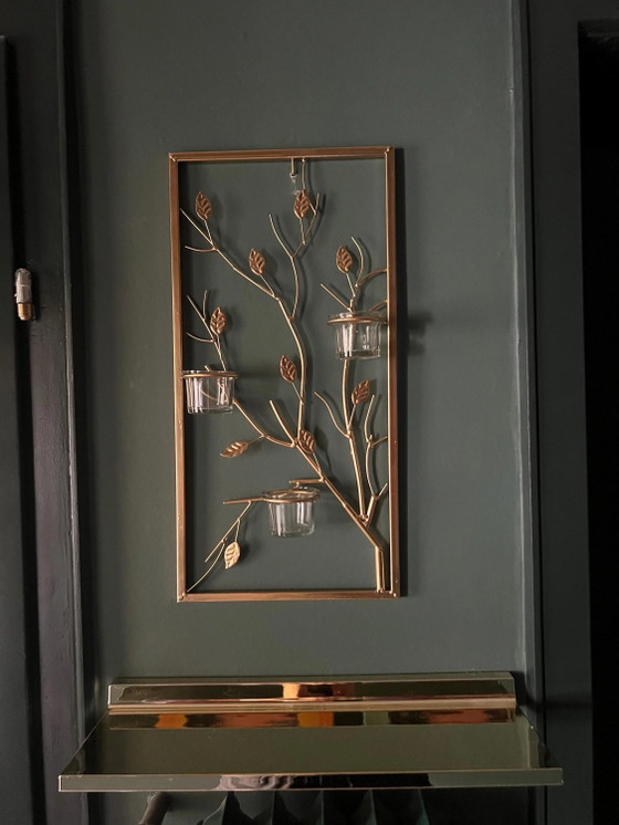 Gold Painted Metal Lantern Grid with Leafy Vines, Rectangular Balcony Decor – Candle holders, Glass (photo 6 of 9)