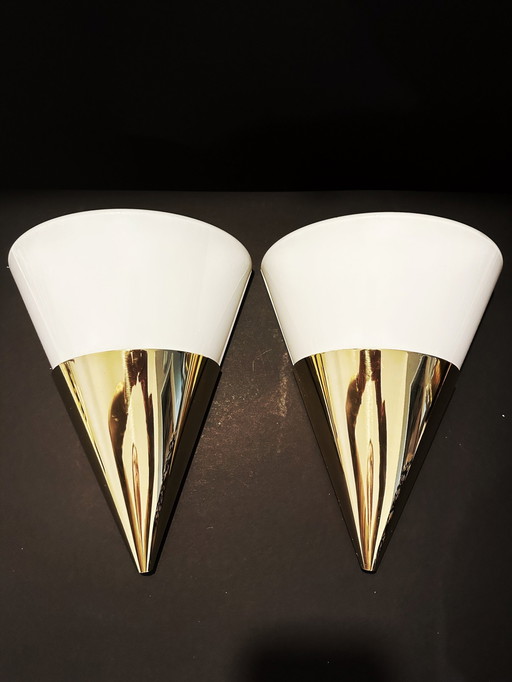 Sconces (2), Wall Lights, Art Deco, Mid Century Modern, Brass, Opaline Glass, Glashutte Limburg, Hyper Vintage, Very Rare