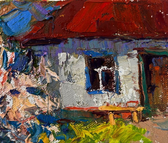 Image 1 of Original Oil Painting Village Day Landscape Petals under the warm spring sun