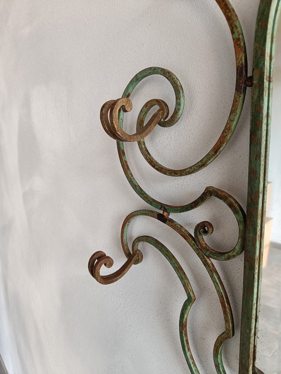 Image 1 of French wrought iron wall mirror coat rack, 1930s–40s, large decorative entry piece