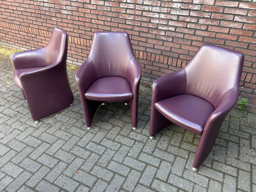 3x Leolux Lirio armchairs / Dining chairs purple leather