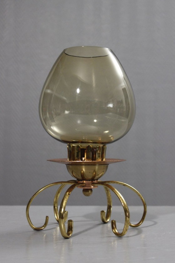 Image 1 of Candelabro antiguo de cobre, latón y cristal, diseño modernista, década de 1950.