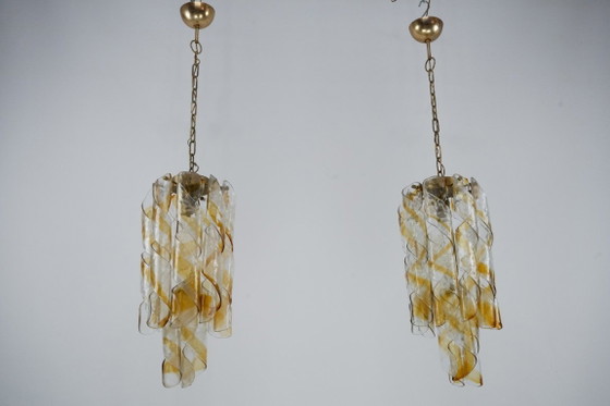 Image 1 of Een paar vintage Torciglione Murano glazen kroonluchters van Mazzega. Italië, jaren 70.
