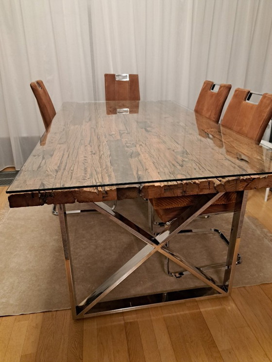 Image 1 of Luxury Richmond Dining Table – Reclaimed Oak Designer Chrome Table + 4 Chairs