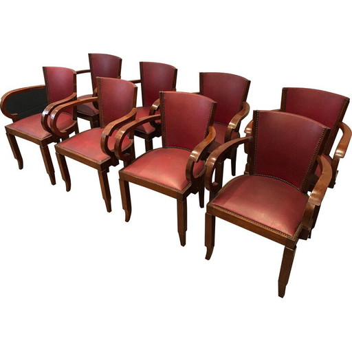 Set di 8 poltrone vintage Art Déco in mogano e similpelle, Francia anni '30