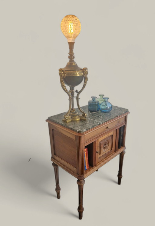 Bijzetmeubel van notenhout en groen marmer - Lodewijk XVI-stijl - begin 20e eeuw