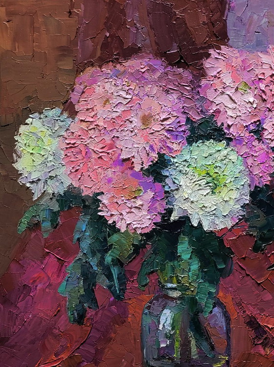 Original Oil Painting Autumn Floral Still Life Bouquet of Chrysanthemums – Paintings & Drawings, Canvas (photo 4 of 7)
