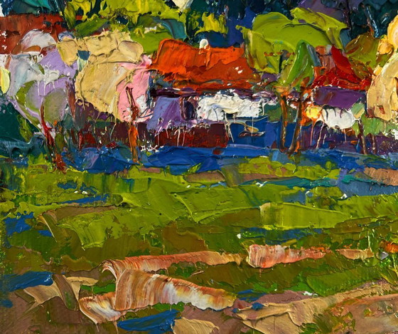 Image 1 of Original Oil Painting Summer Village Landscape Quiet fields under the open sky