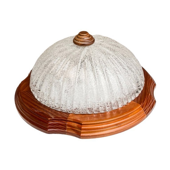 Image 1 of Italienische Deckenleuchte aus den 1970er Jahren | Eisglas und Holz | Mid-Century Modern