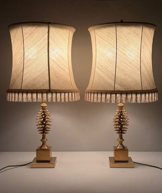 Image 1 of Set of 2 table lamps by Maison Charles, Hollywood Regency, pine cone/pine, France, 1970s
