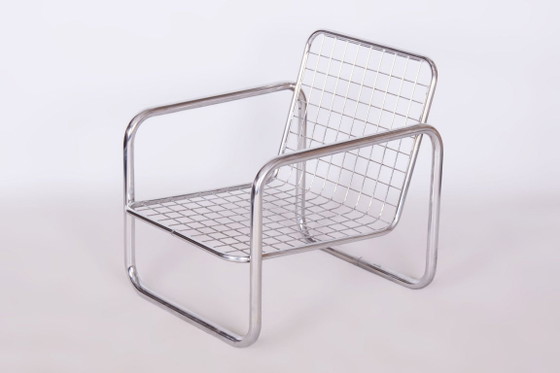 Originele Bauhaus-fauteuil, verchroomd staal, gereinigde bekleding, Tsjechisch, jaren 1950 – Metal, Textile (photo 3 of 11)