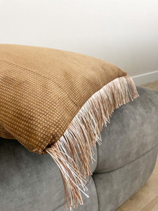 Handmade camel cushion with fringes