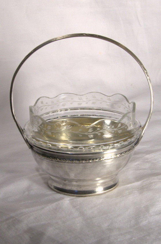 Sugar bowl / Small cup with handle in cut glass and silver-plated metal, 11x8cm (excluding handle), early (photo 8 of 8)