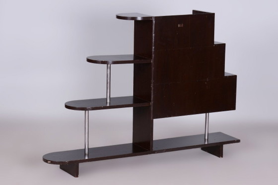 Restored Artdeco Étagère, Oak, Glass, Chromed Steel, Czech, 1930s – Display cabinets, Wood (photo 4 of 8)