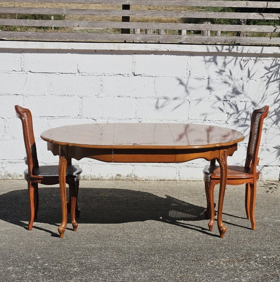 Image 1 of French Vintage Marqueterie Dining Table-Extendable Cherrywood Table-Style Louis XV-80s
