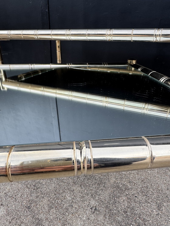 Image 1 of Nesting tables in gold-tone metal, bamboo, and mirror, 1970s style