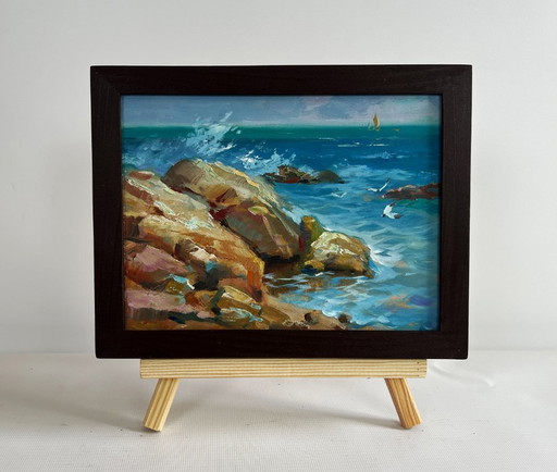 Original Oil Painting Sea Rock Landscape Sailboats on the sea horizon