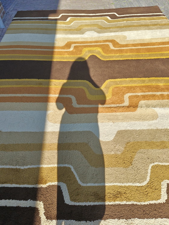 Image 1 of Tappeto vintage in lana stile era spaziale, arancione, giallo, marrone