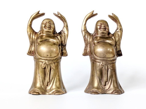 Pair of Vintage Brass Laughing Buddha Statues | Feng Shui Hotei Budai Decor