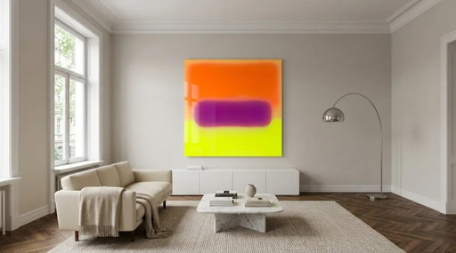 Exhibition piece – Abstract color field painting in neon orange and purple | 95 × 95 cm | 5 mm acrylic glass | Contemporary