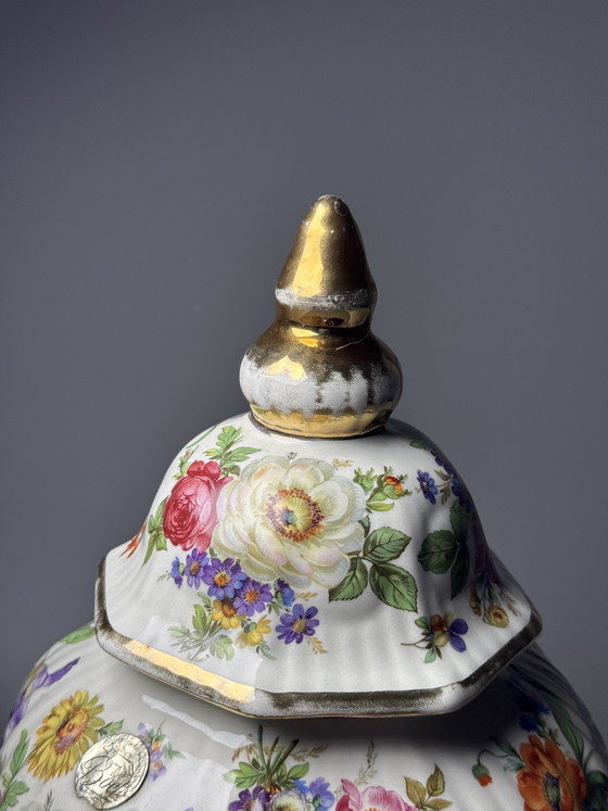 Image 1 of Pot à couvercle Boch Frères La Louvière Keralux – Motif floral « Bouquet de Saxe » – Art déco belge, années 1930/1940