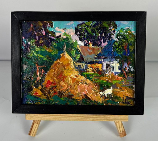 Original Oil Painting Rural Landscape Village The Goat in the Courtyard