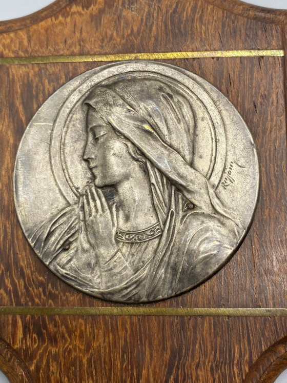 Wall-mounted Holy Water Font with Praying Virgin Mary - Ruffony Signed Medallion – Decorative Objects, Wood (photo 3 of 6)