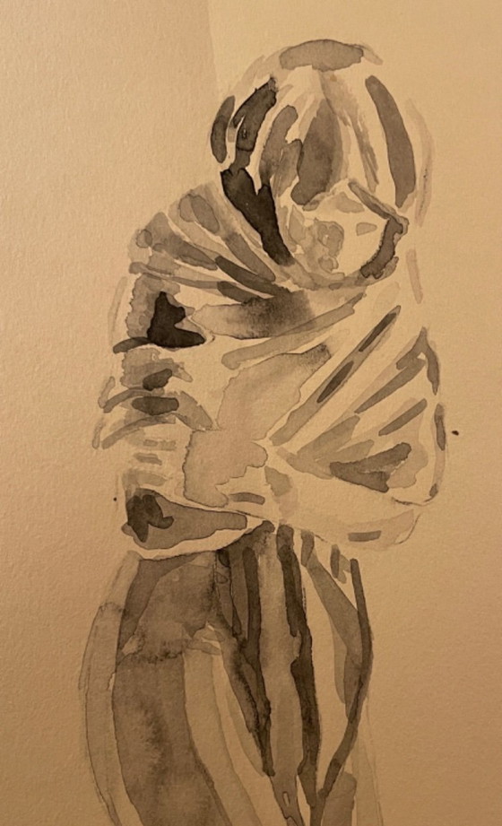 Image 1 of monochrome sepiafarbene Aquarellstudie der Statue „Die zitternde Frau“ von Houdon