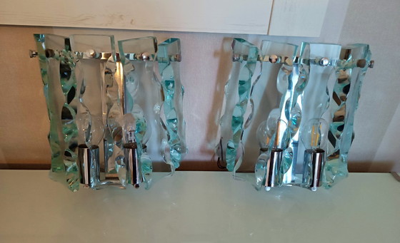 Image 1 of Een paar zeldzame vintage Zero Quattro Art wandlampen (Italië, jaren 70) in Fontana Arte-stijl