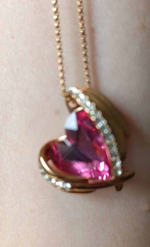 Collier plaqué or avec strass rose cœur et strass blanc CDE