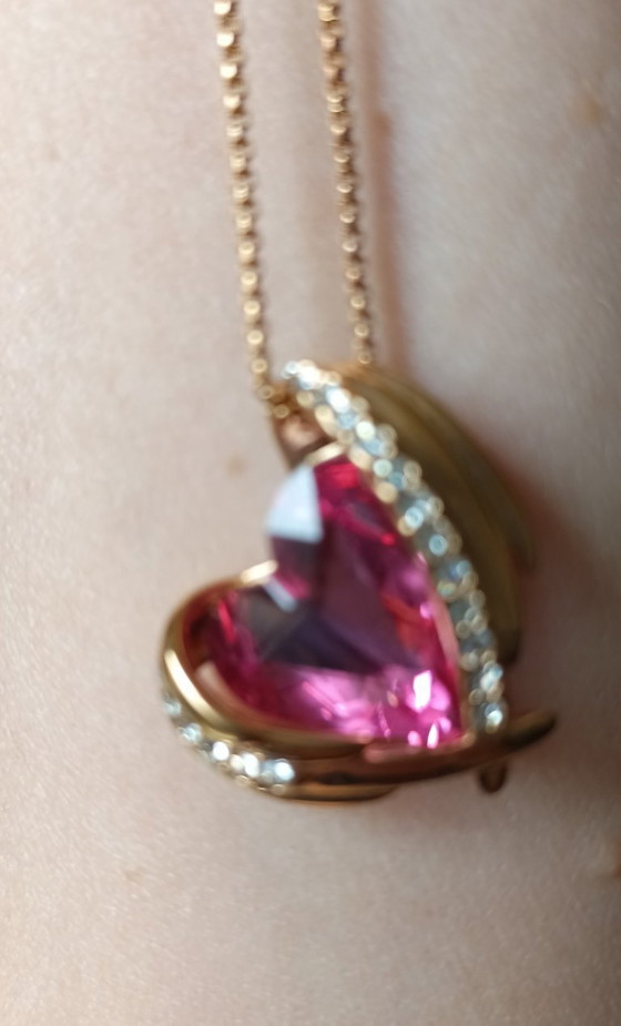 Image 1 of Collier plaqué or avec strass rose cœur et strass blanc CDE