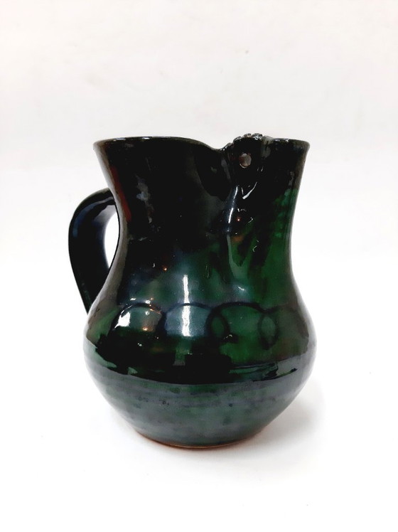 Image 1 of Vintage Glazed Ceramic Green Pitcher