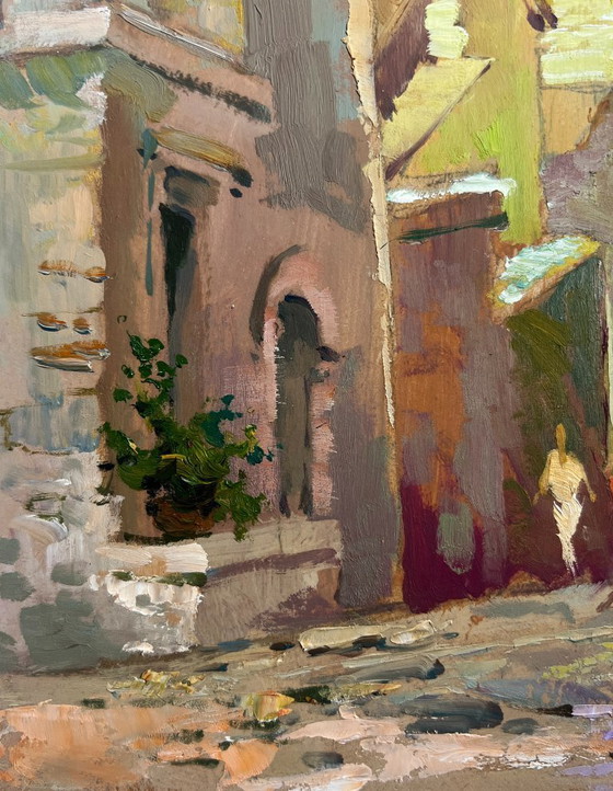 Image 1 of Dipinto ad olio originale Paesaggio urbano diurno Vecchia strada della città