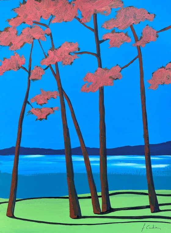 Abstract painting by Frédéric Cadiou, pink trees and blue sky, Paintings & Drawings, Other, Paper (photo 4 of 5)