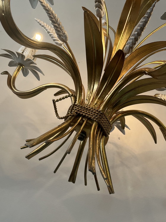 Image 1 of Vintage original design Hans Kögl chandelier pendant lamp gold wheat ears Coco Chanel style