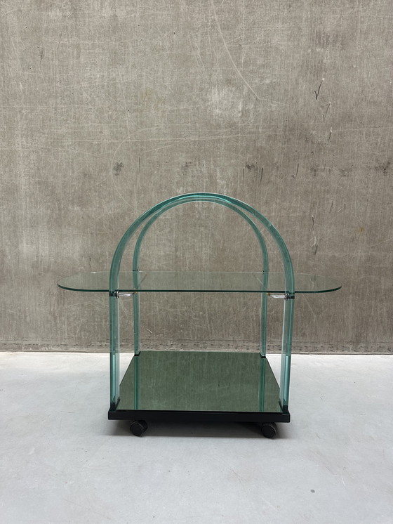 Image 1 of Curved green glass bar cart by FIAM - Italy - 1980s