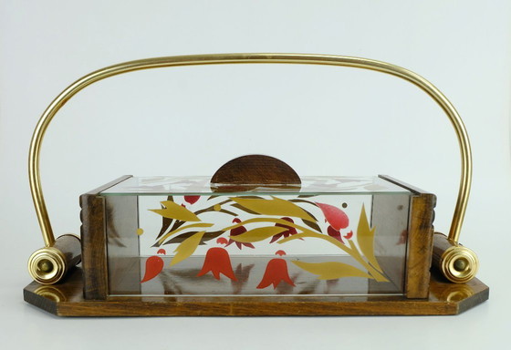 Image 1 of Hermoso tarro de galletas art déco francés de los años 30, madera, vidrio y latón.